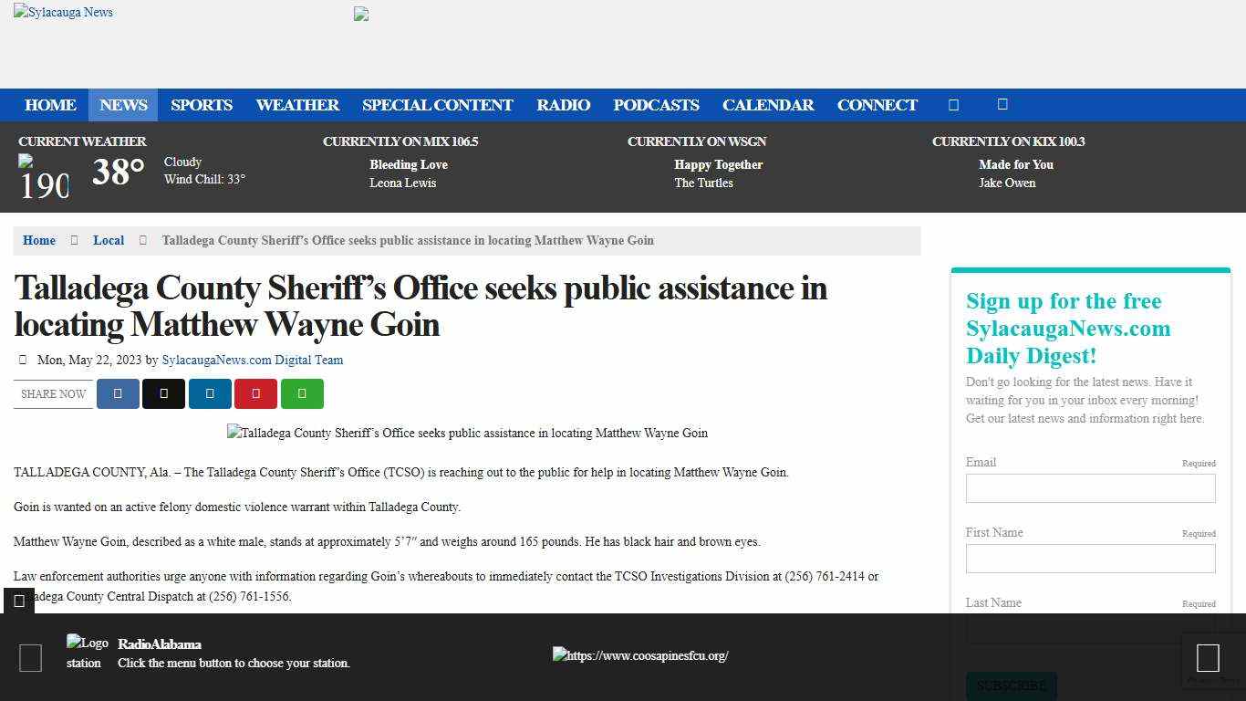 Talladega County Sheriff's Office seeks public assistance in locating Matthew Wayne Goin - Sylacauga News